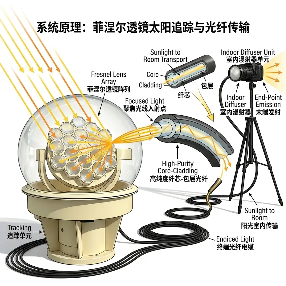 光纤导光系统中高效太阳能采集的光学物理原理